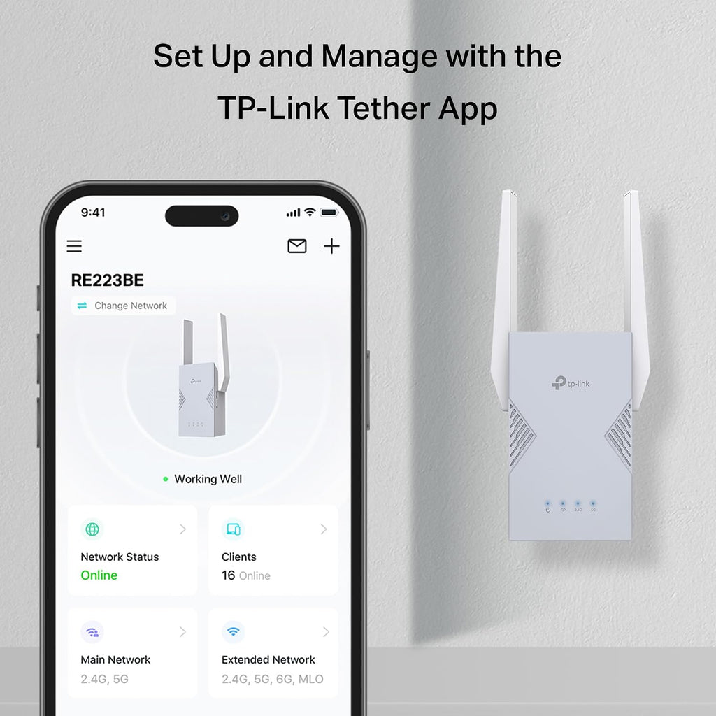 TP-Link BE3200 Extensor de rango Wi-Fi 7 de doble banda RE223BE con puerto