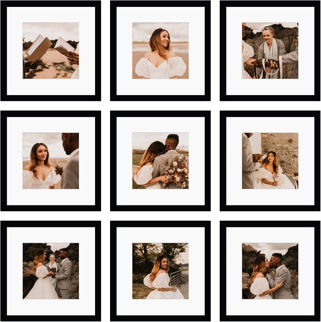Juego de 9 portarretratos de 12 x 12 pulgadas, para fotos de 8 x 8 pulgadas con paspartú o de 12 x 12 pulgadas sin paspartú, marcos de fotos cuadrados para galería de collage múltiple para pared o mesa, color negro