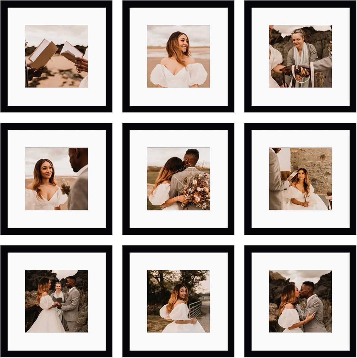 Juego de 9 portarretratos de 12 x 12 pulgadas, para fotos de 8 x 8 pulgadas con paspartú o de 12 x 12 pulgadas sin paspartú, marcos de fotos cuadrados para galería de collage múltiple para pared o mesa, color negro