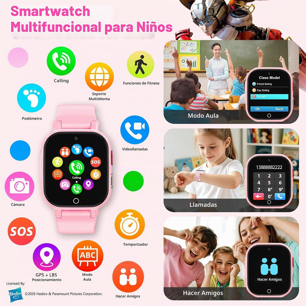 Transformers Reloj Inteligente para Niños 4G, Teléfono, GPS, Llamadas de Video, a Prueba de Agua - Rosa