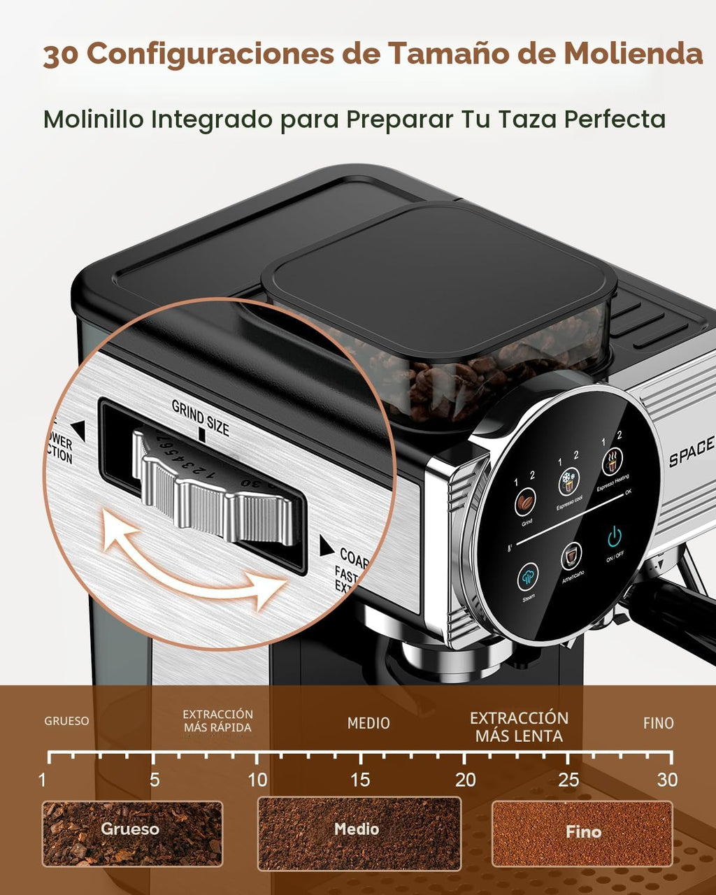 Máquina de café expreso con molinillo y espumador, 30 ajustes de molienda