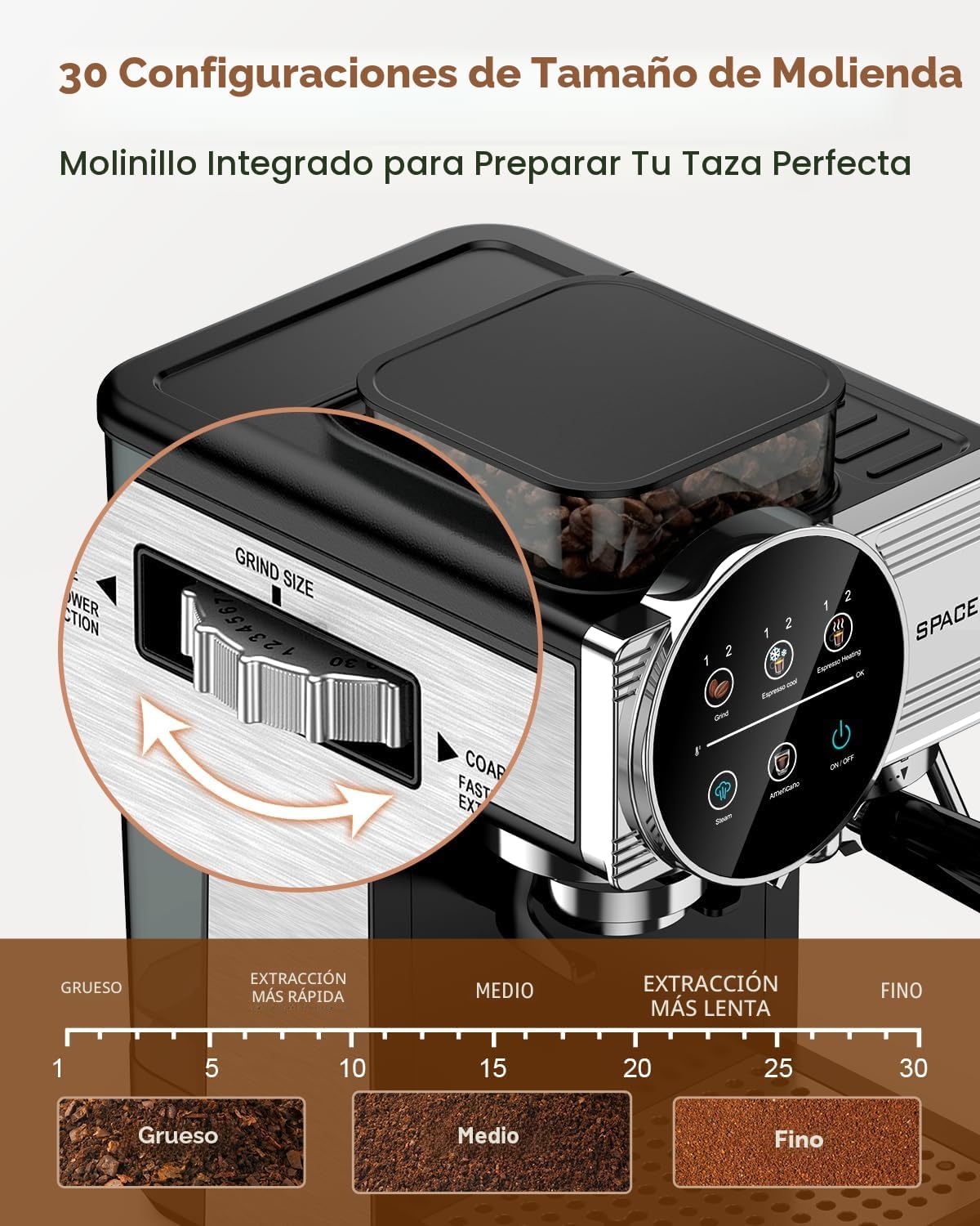 Máquina de café expreso con molinillo y espumador, 30 ajustes de molienda
