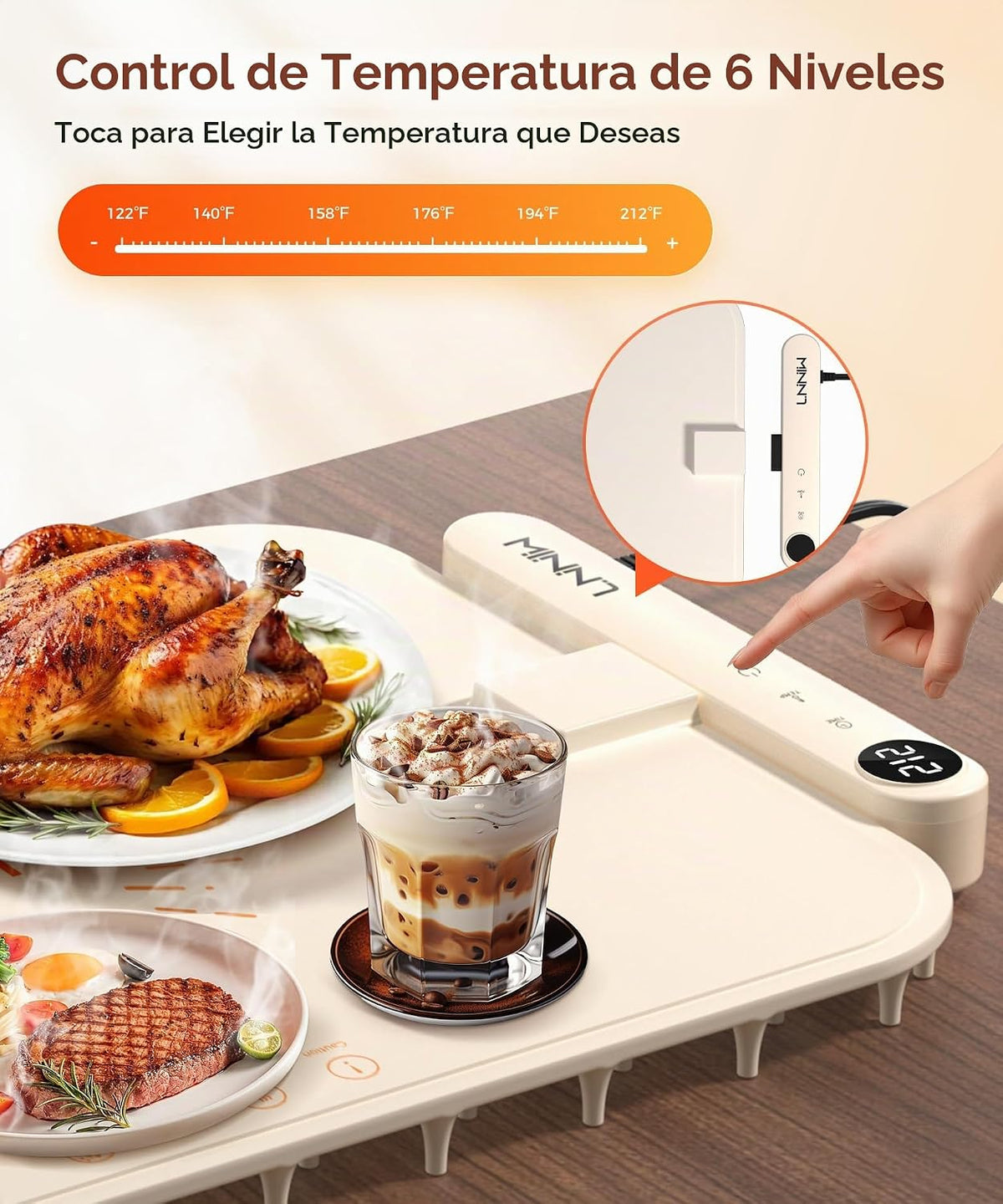 Tapete impermeable para calentar alimentos, bandeja de calefacción eléctrica que cambia de color con control de temperatura de 6 niveles, temporizadores de 1 a 6 horas, tapete calentador de