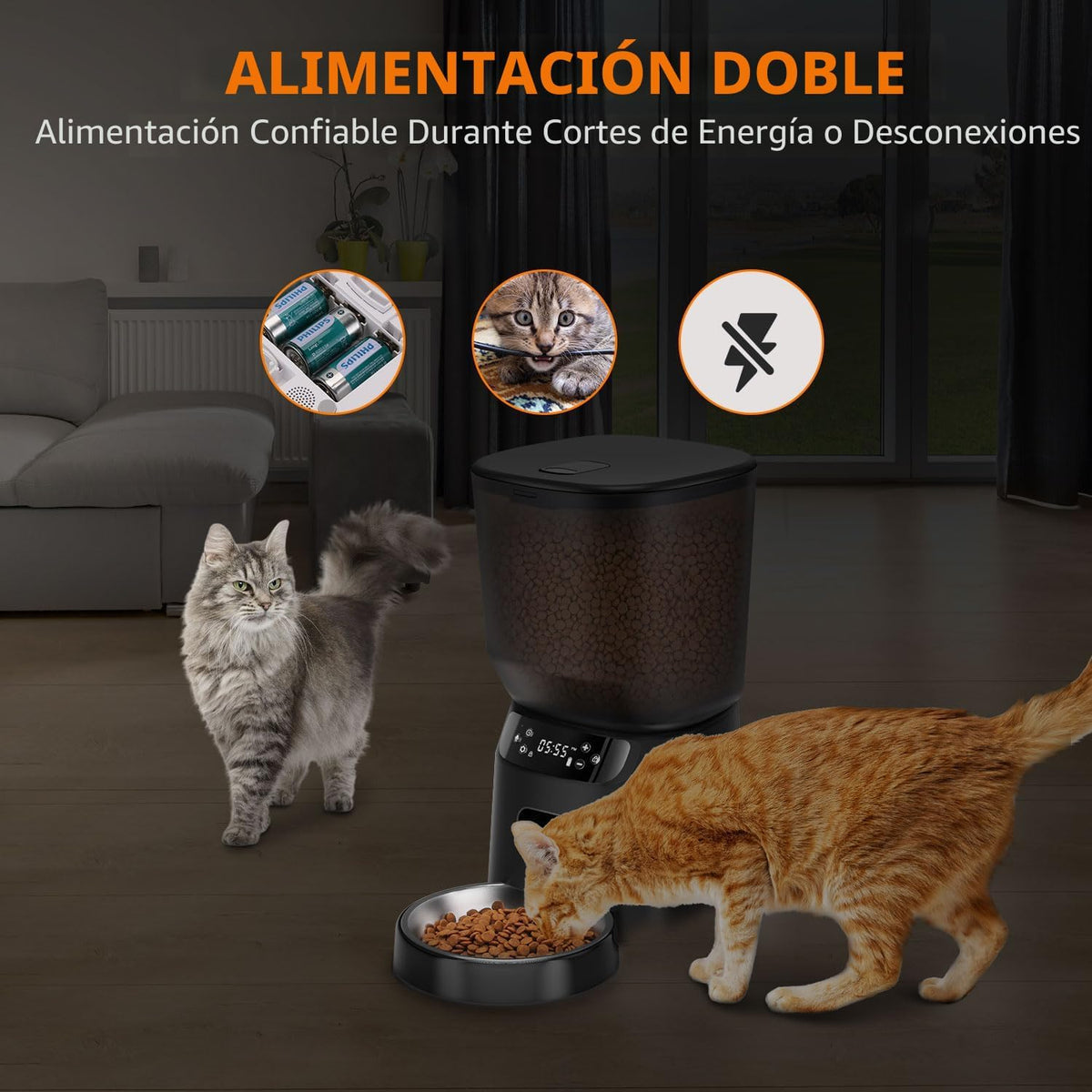 Comederos automáticos para gatos para dos gatos, dispensador automático doble de comida para gatos de 5 litros/20 tazas con 2 cuencos inoxidables, ajuste de temporizador, 20 porciones, 6 comidas por
