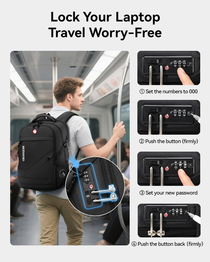 CROSSGEAR Mochila grande de viaje de 17.3 pulgadas, con cerradura a...