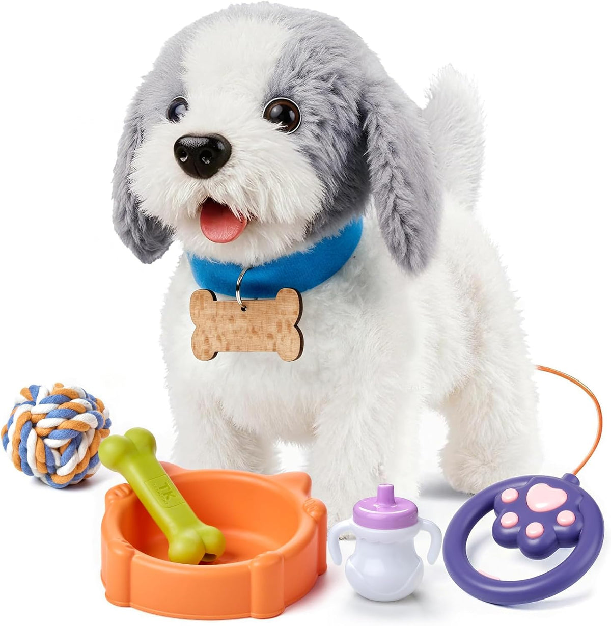 OR OR TU Perro de juguete que camina y ladra con correa de control remoto, Gris+blanco