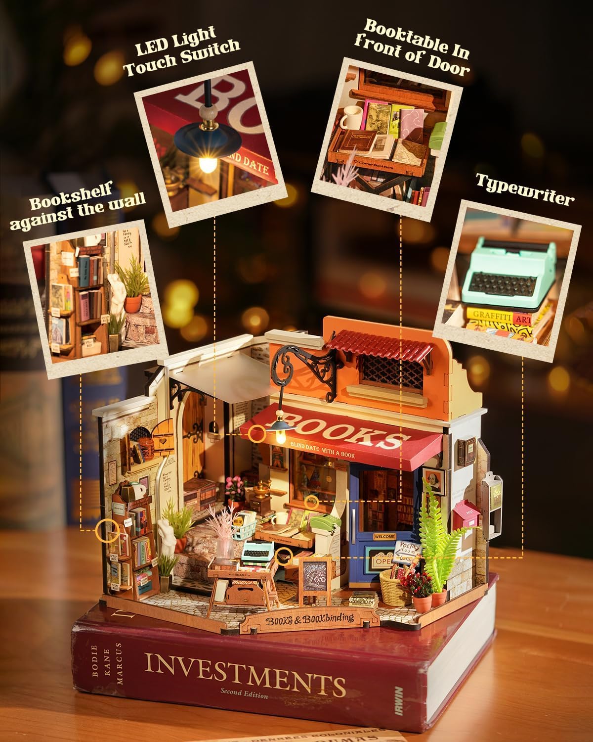Rowood Kit de casa en miniatura, kit de construcción de mini casa para el día de la madre con LED, kits de manualidades de casa de muñecas para adultos, cumpleaños para mujeres a partir de 14 años (librería de esquina)