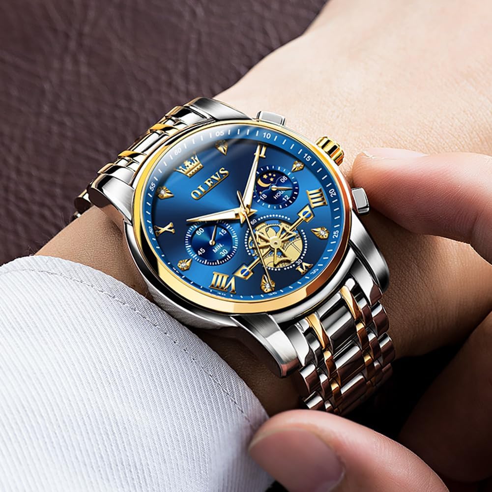 OLEVS Reloj azul para hombre con fase lunar, vestir analógico de acero inoxidable, impermeable, luminoso, fecha, dos tonos, lujo casual, pulsera