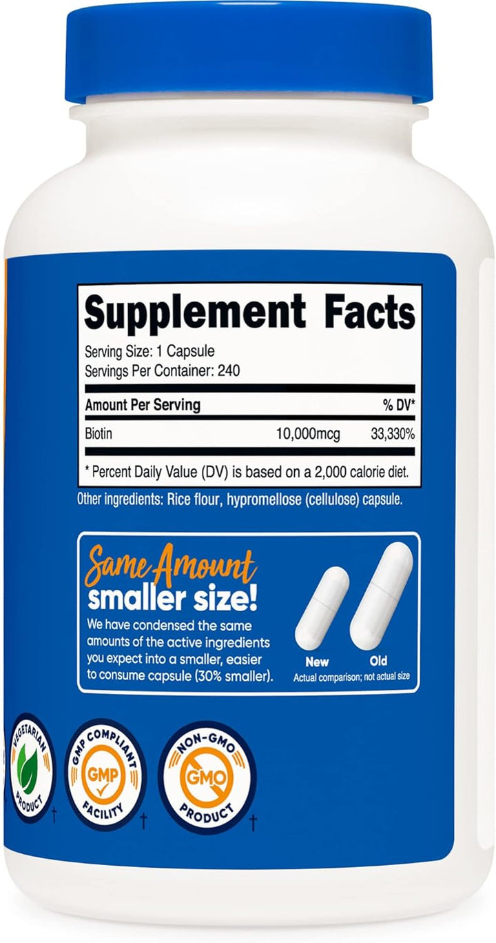 Nutricost Biotina (vitamina B7) 10,000mcg, 240 cápsulas (3 botellas...