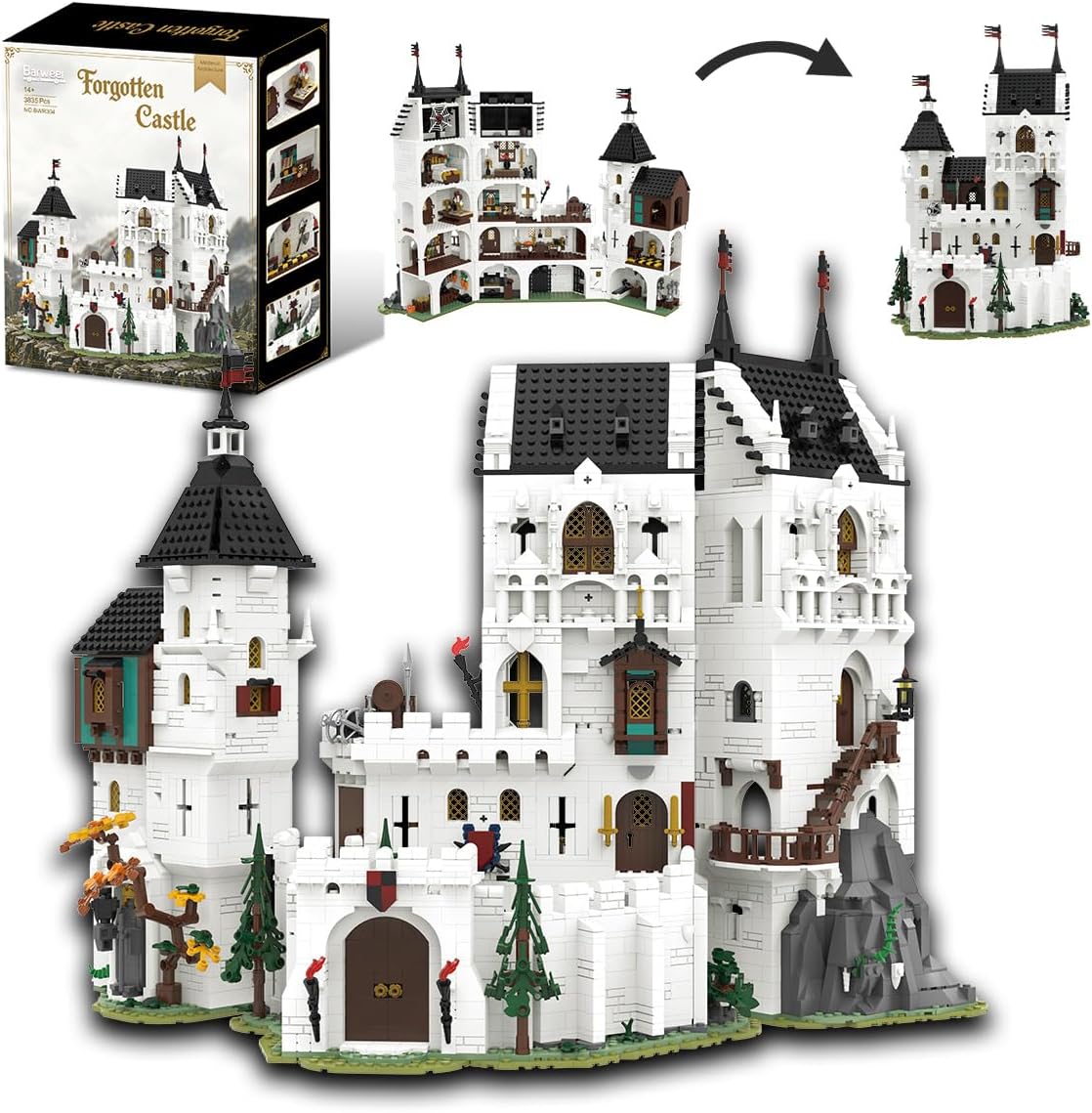 Juego de construcción de castillo blanco medieval 2 en 1 para