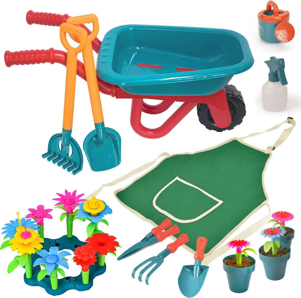 unanscre Juego de herramientas de jardinería para niños, con carretilla para niños, regadera, botella rociadora, rastrillo doble, pala, pala, podadora, kit de flores, delantal, juguetes de jardín para niños a partir de 3 años