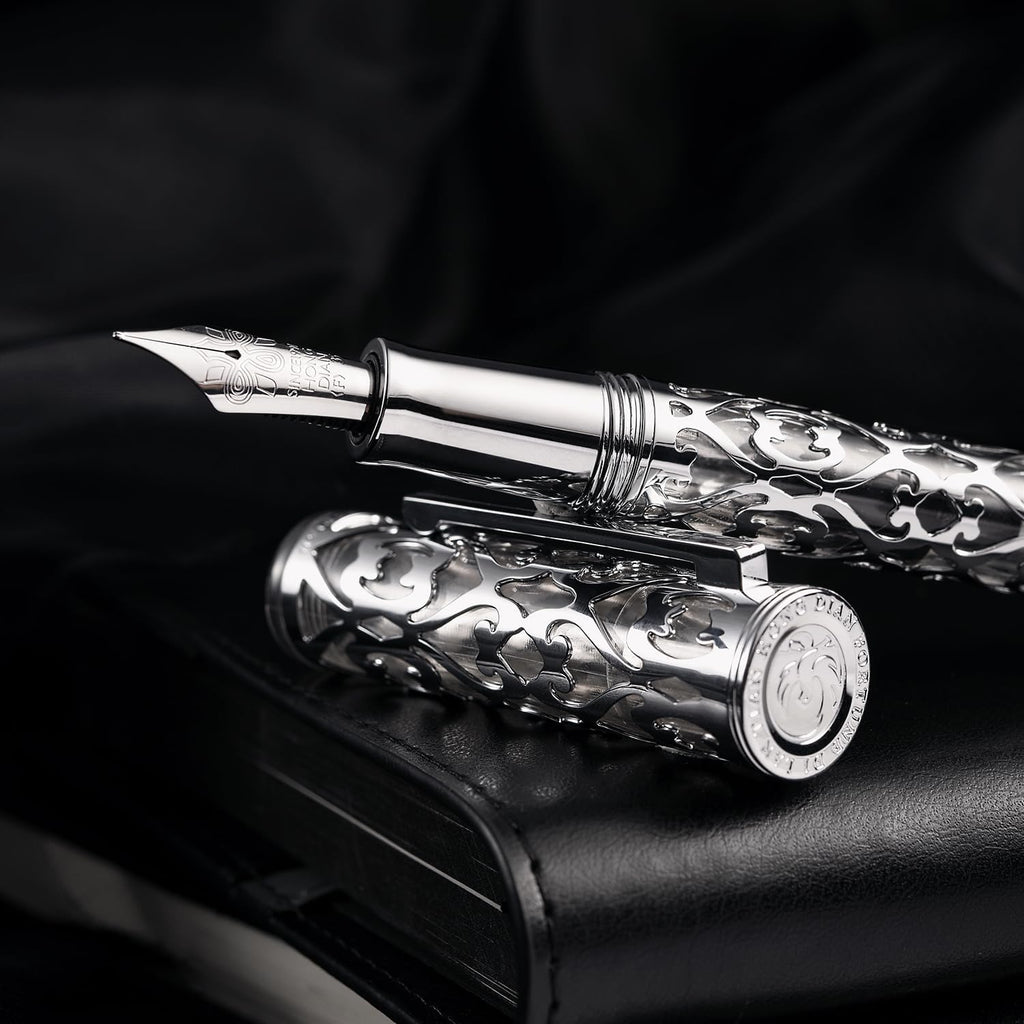 HONG DIAN D1 Pluma estilográfica Piston Fine Nib, esqueleto hueco & resina con estuche metálico (Plata)