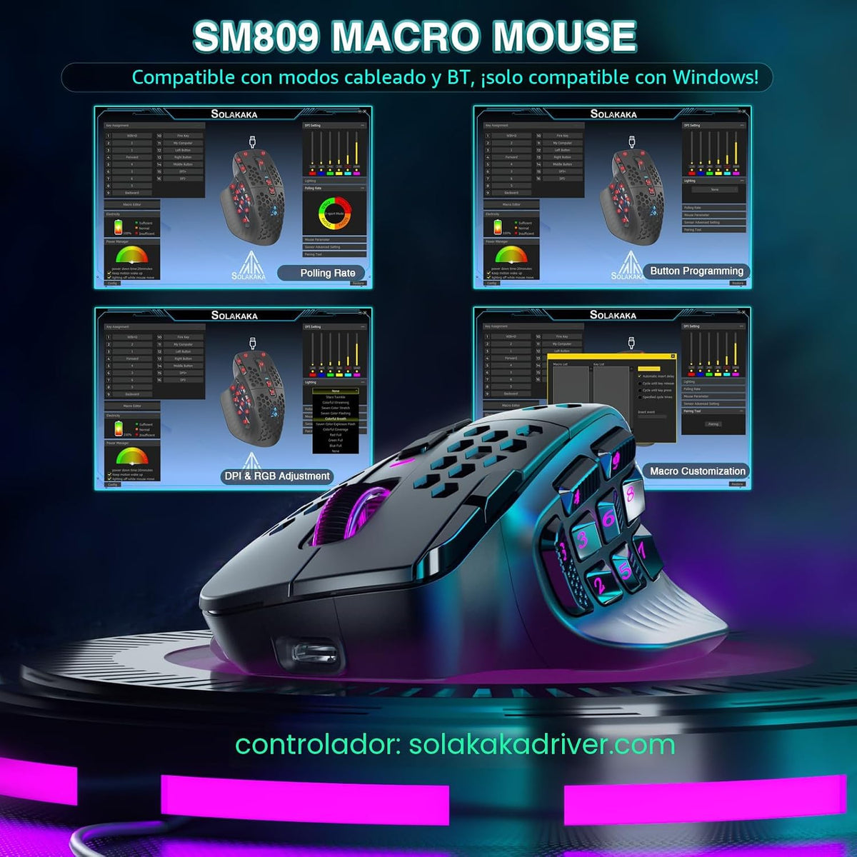 SOLAKAKA SM809 Pro - Mouse para juegos con 9 botones laterales, mou...