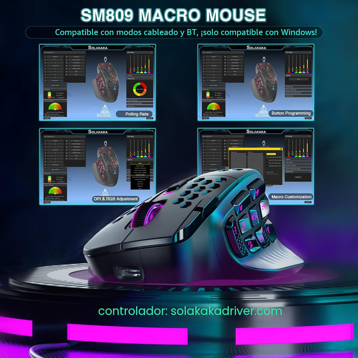 SOLAKAKA SM809 Pro - Mouse para juegos con 9 botones laterales, mou...