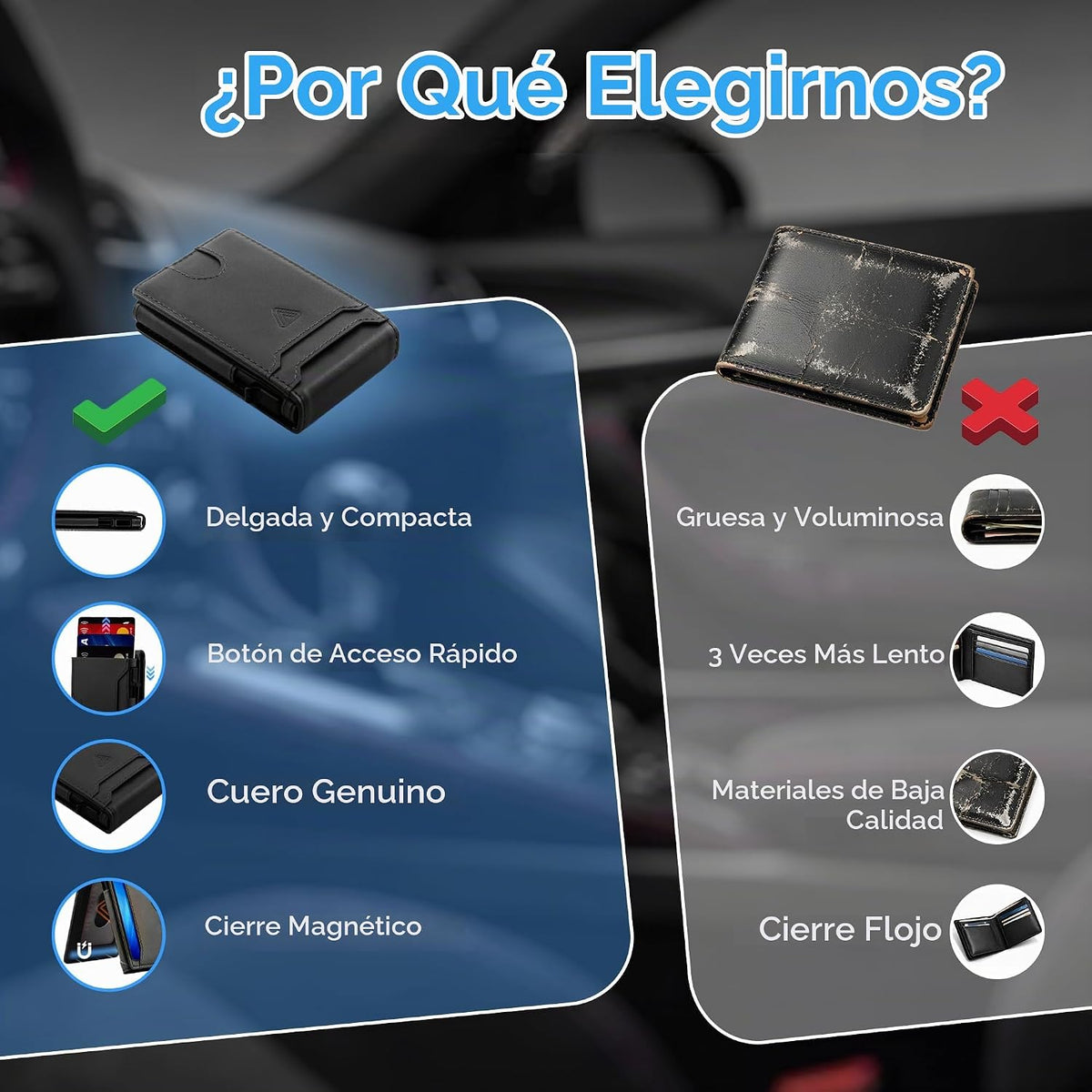 Cartera desplegable de cuero genuino para hombre, soporte delgado y plegable de aluminio con bloqueo RFID, con ventana de identificación, billetera minimalista con bolsillo frontal, con