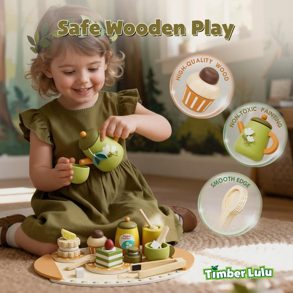 Wooden Tea Party Set para Kids 3-5 con Desserts Honey Dipper Girls Boys