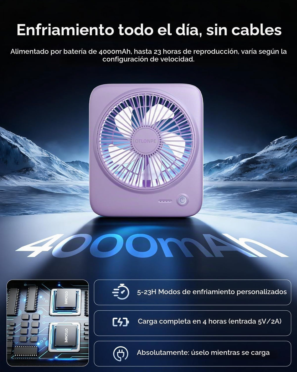 Otlonpe Ventilador de escritorio personal portátil alimentado por b...