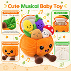 Juguetes sensoriales musicales, juguetes Montessori para bebés de 1 año de edad, frutas y verduras, 6 unidades | Juguete de peluche Montessori sensorial para jugar, juguete de aprendizaje con texturas