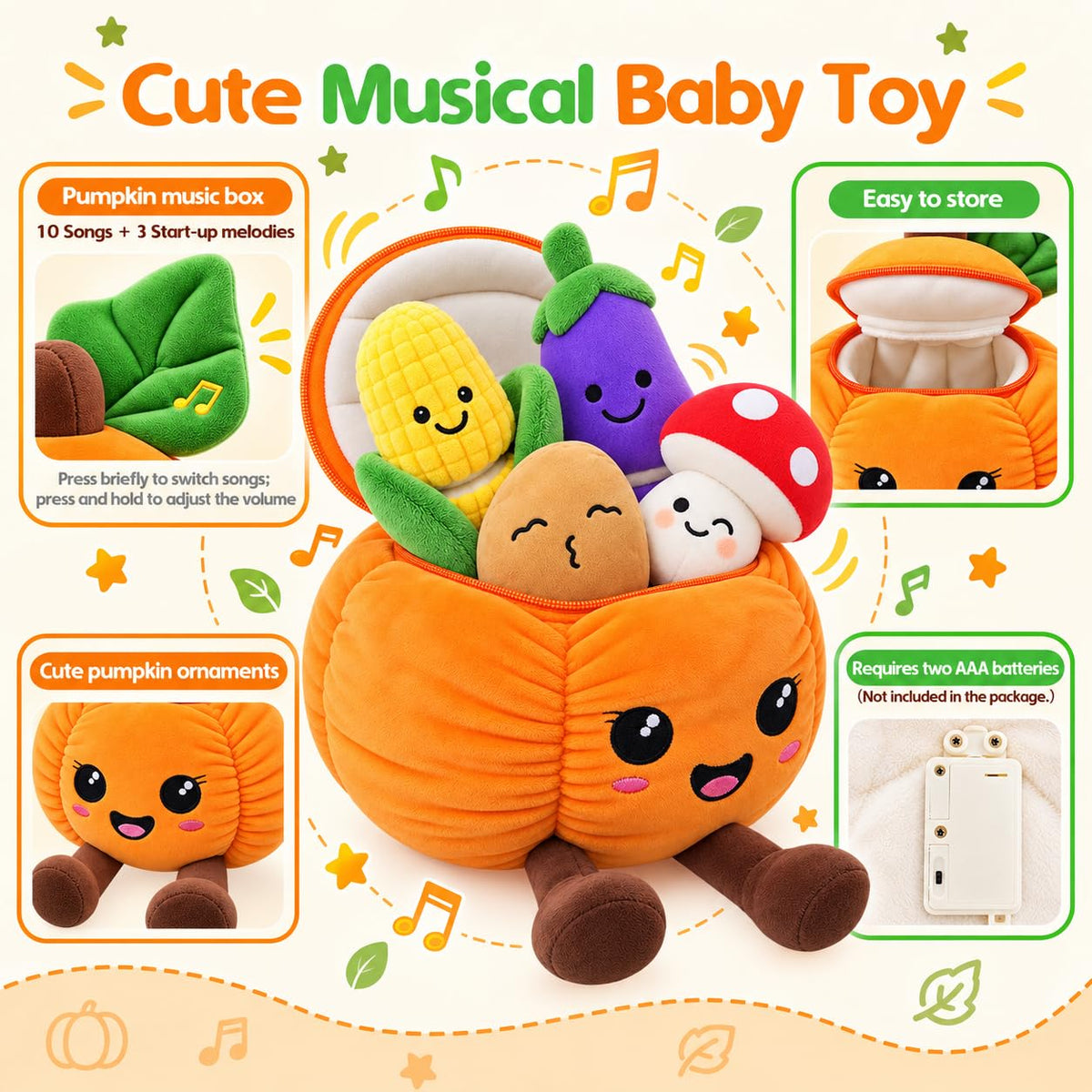 Juguetes sensoriales musicales, juguetes Montessori para bebés de 1 año de edad, frutas y verduras, 6 unidades | Juguete de peluche Montessori sensorial para jugar, juguete de aprendizaje con texturas