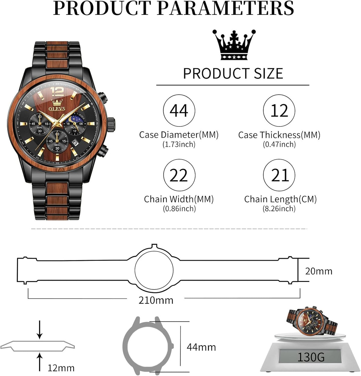 OLEVS Reloj de Hombres Lujo Cronógrafo Fase Lunar Resistente al Agua Relojes de Regalo para Hombres