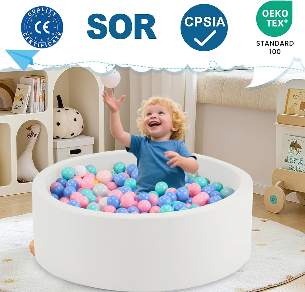 Piscina de bolas de espuma de 35.4 x 11.8 pulgadas para niños pequeños, pelotas redondas para bebés de 1 a 3 años, pelotas de juego para niños y niñas, pelotas no incluidas, color blanco