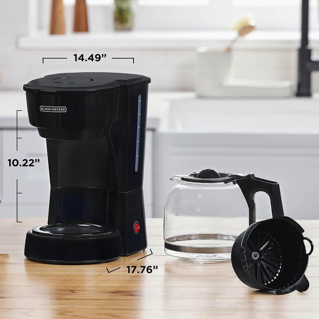 BLACK+DECKER Cafetera de café de 12 tazas con interruptor de encendido/apagado fácil, fácil de verter, jarra sin goteo con cesta de filtro extraíble, tecnología Vortex, color negro