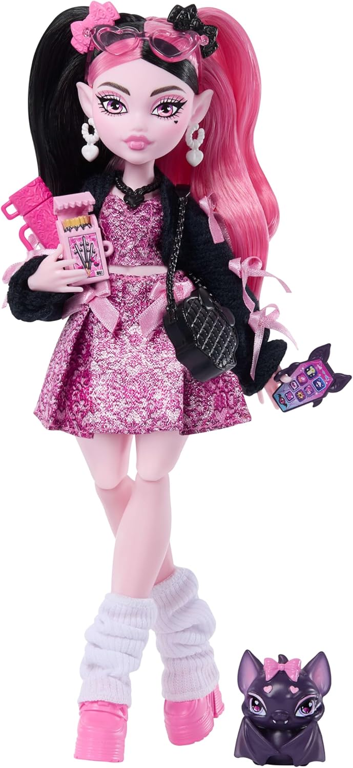 Muñeca Monster High, Draculaura en vestido de lazo rosa y chaqueta...