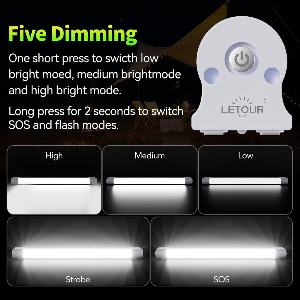 Lámpara LETOUR Tubo LED de luz magnética, luces de trabajo 6000 lúmenes, 10400 mAh, 5 opciones de iluminación, linterna de campamento, recargable por USB, luces portátiles con 2 imanes de duración durante 80
