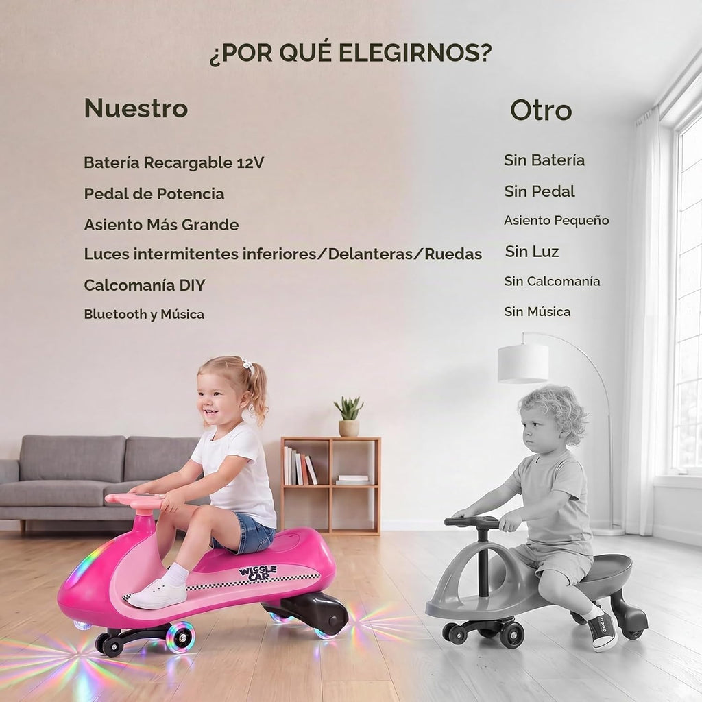 Coche eléctrico de 12 V, Wiggle Car para niños con luz intermitente inferior, 2 velocidades, juguetes de paseo para niños con calcomanía, 9 modos de color, ruedas intermitentes, Bluetooth