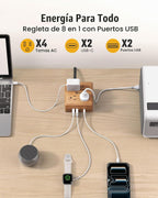SUPERDANNY - Enchufe múltiple con protector de subida de tensión, cable de extensión de escritorio con 4 salidas muy espaciadas y 4 puertos USB inteligentes, estación de carga portátil para el hogar