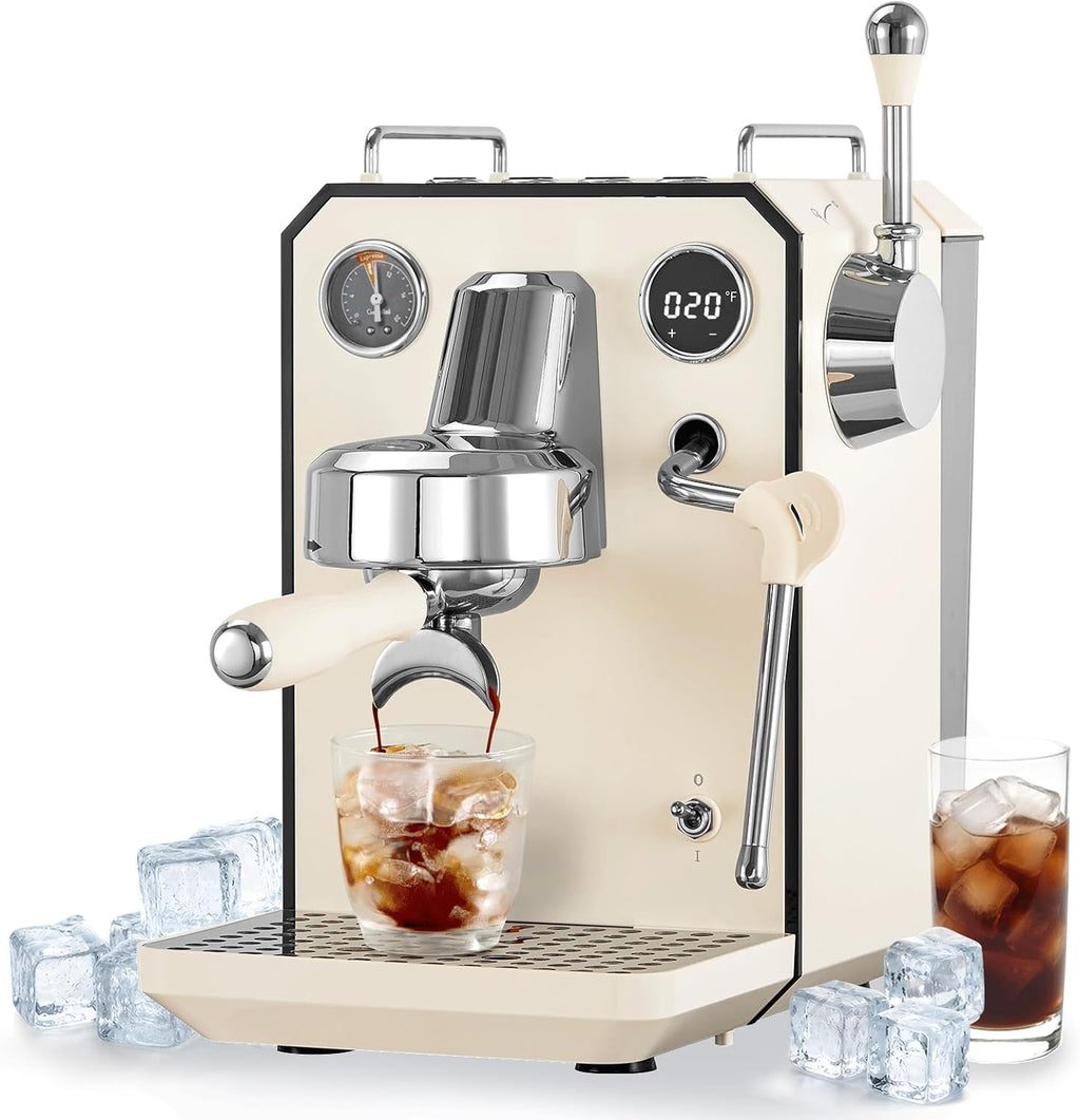 Gemilai G3006A - Máquina de café expreso, cafetera de café frío y caliente para el hogar con control de temperatura PID doble, pantalla doble, bomba de 15 bares, programa de preparación ajustable
