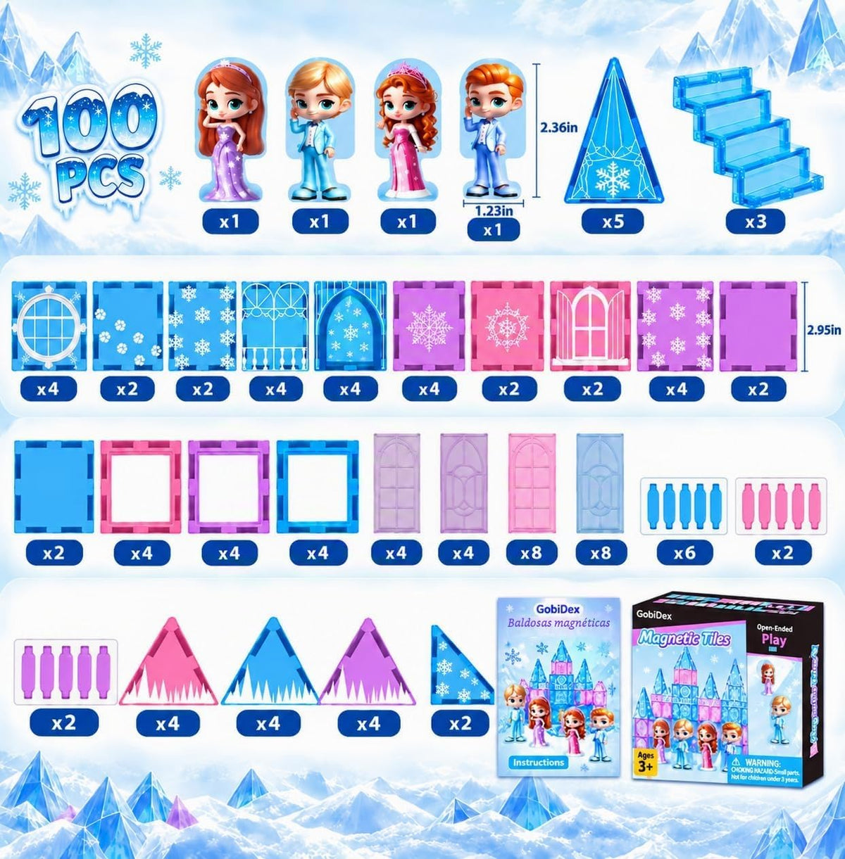 GobiDex Juego de castillo de princesa de azulejos magnéticos de 100 piezas