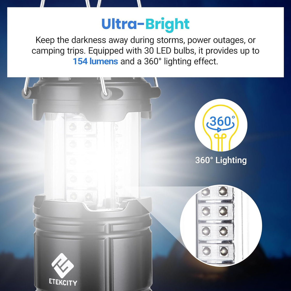 Lámpara Etekcity, linterna LED de campamento portátil con 12 baterías AA, kit de supervivencia para emergencias, huracanes, tormentas, apagones eléctricos (color negro, retráctil), paquete de 4 unidades