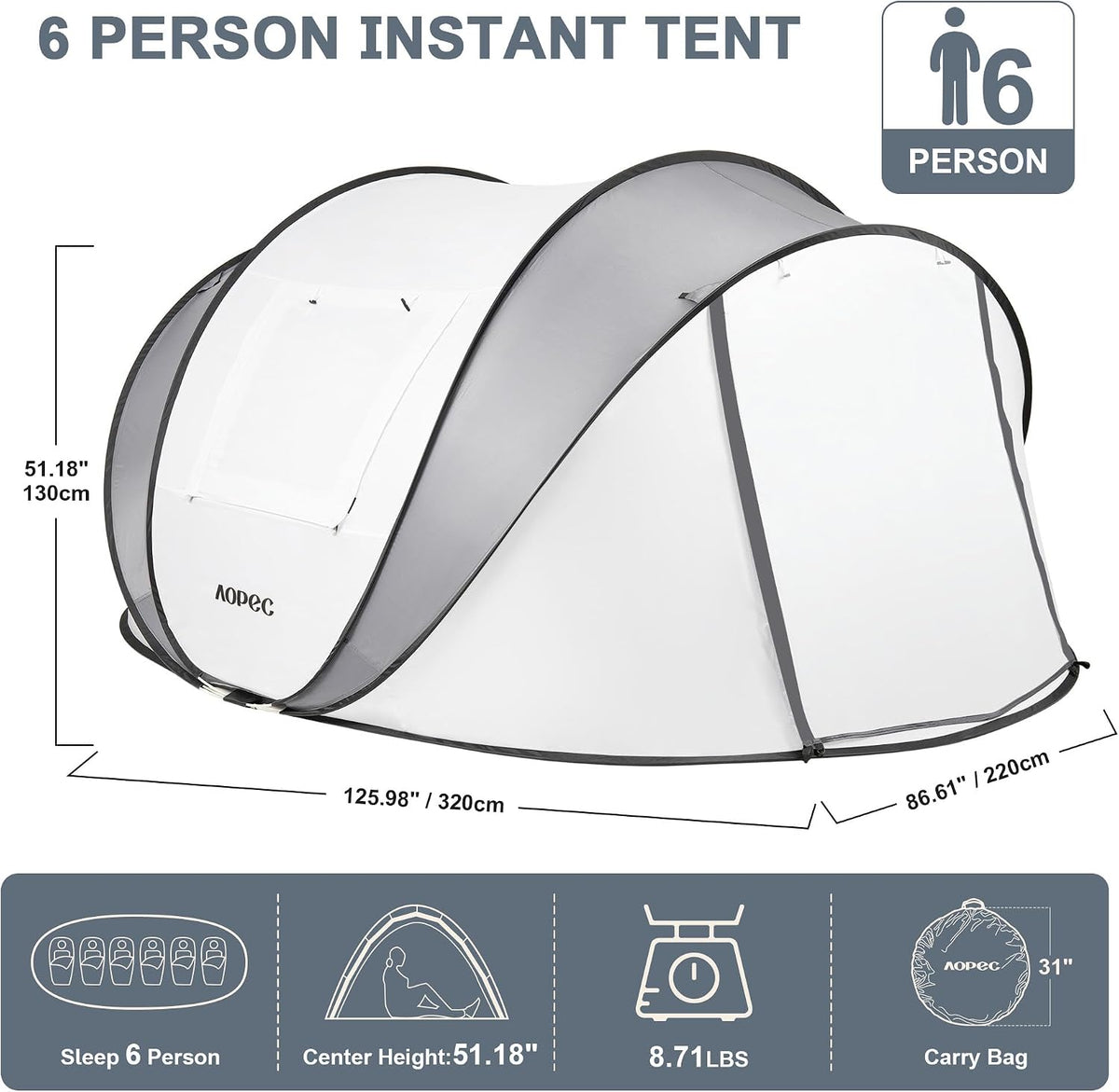Tienda de campaña desplegable para 2/4/6 personas, tienda instantánea impermeable PU4500mm, amplia tienda de campaña ventilada con porche delantero, instalación rápida, ligera y portátil para