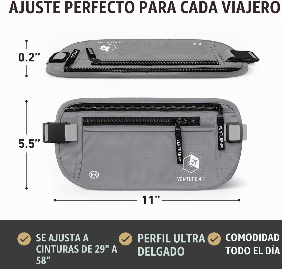 VENTURE 4TH Cinturón de dinero de viaje, RFID Bloqueo Titular de pasaporte - Plata