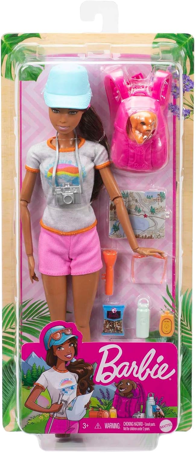 Barbie Muñeca de cuidado personal, muñeca de senderismo morena posa...