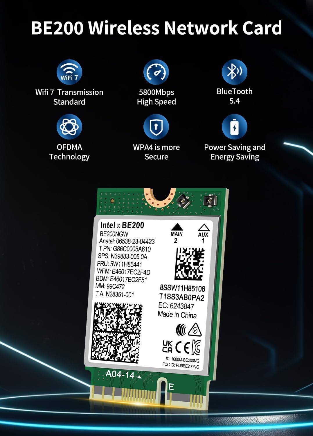 Tarjeta WiFi 7 Intel BE200 NGW, Bluetooth 5.4, 5800Mbps M.2\/NGFF,...
