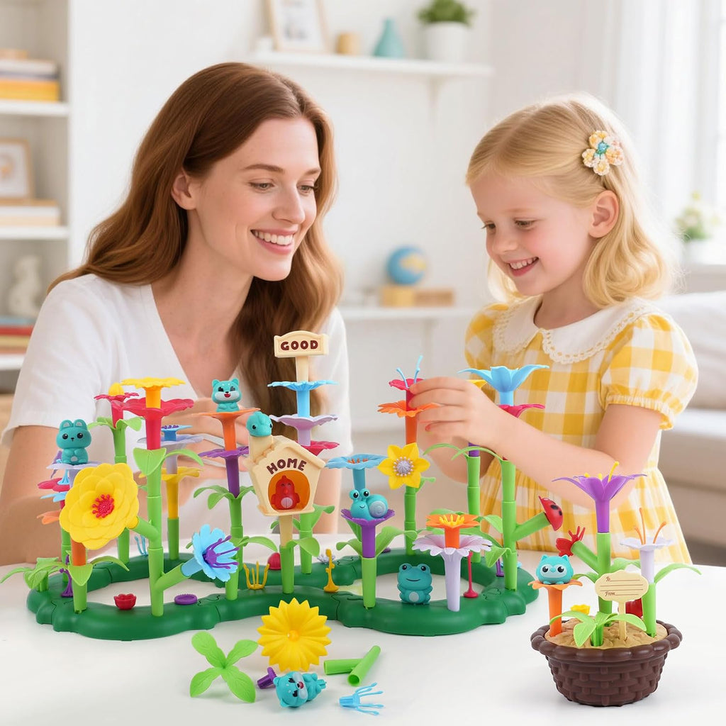Juguete de construcción de jardín de flores para niñas, regalos de cumpleaños para niños preescolares de 3 a 5 a 7 años, juego educativo STEM con 140 piezas, kit de jardinería apilable para