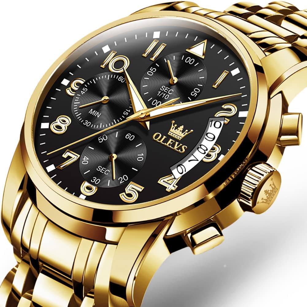 OLEVS Relojes de Oro para Hombres Reloj de Pulsera de Lujo a Prueba de Agua Gran Cara Elegante Acero Inoxidable Analógico Cuarzo Fecha Cronógrafo Luminoso Lectura Fácil Relojes de Negocios Regalos para Hombres Graduación
