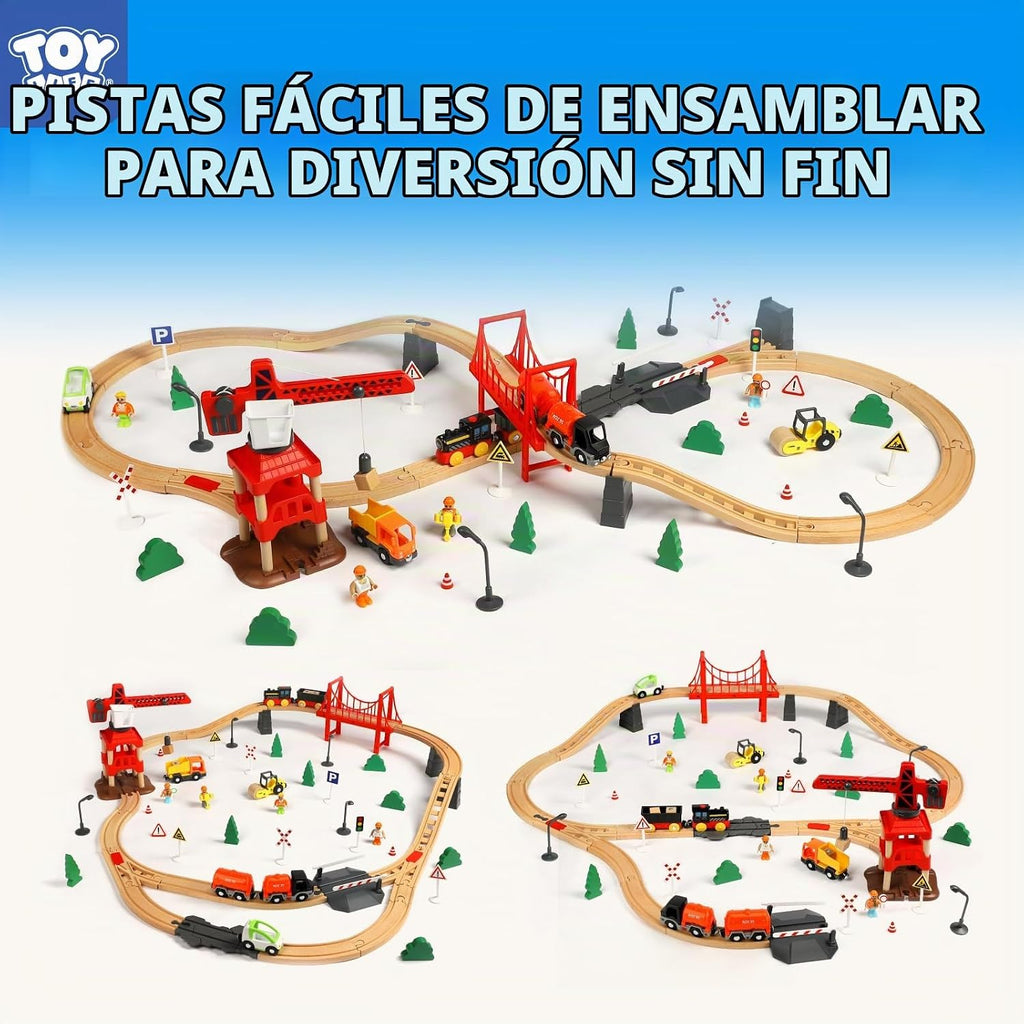 TOY Life Wooden Train Set con Crane, 81-Pc Track, Boys 3-8