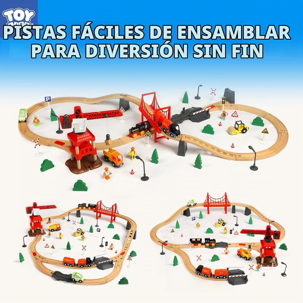 TOY Life Wooden Train Set con Crane, 81-Pc Track, Boys 3-8