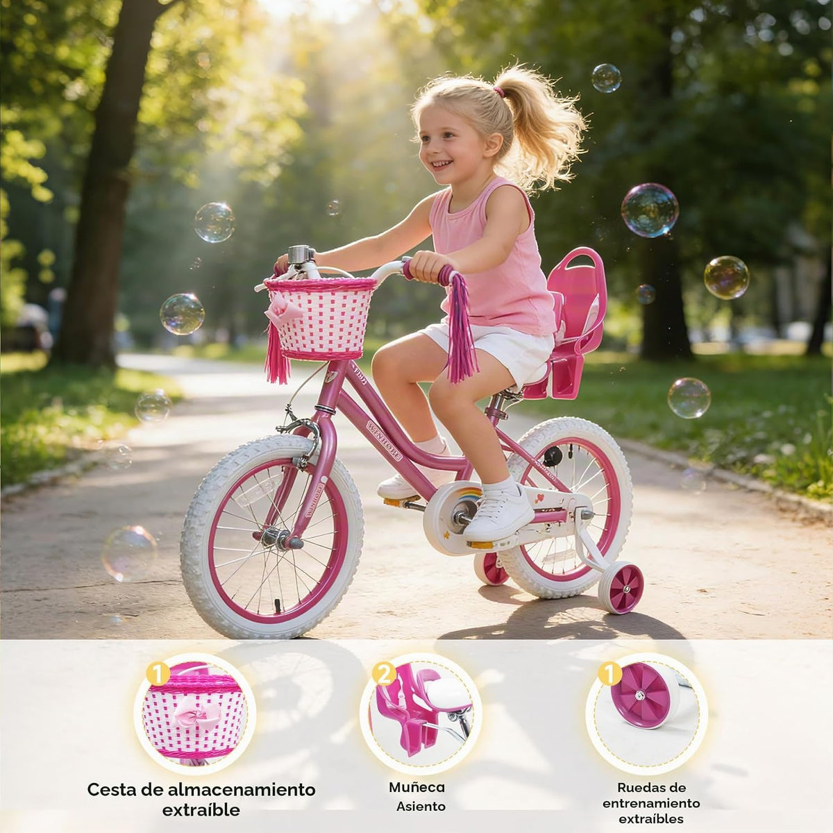 Bicicleta WinHope Fairy Girls con Asiento para Muñeca, Bicicleta Infantil de 12-20 Pulgadas para Edades 2-12