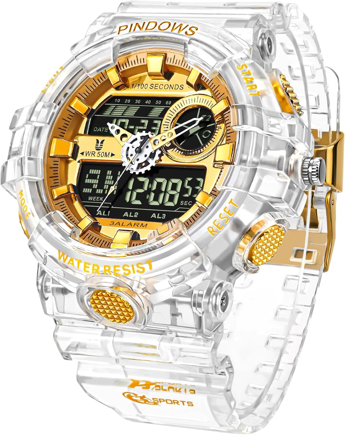 Relojes PINDOWS para hombre, transparente dorado, analógico digital, doble hora, 50M resistente al agua, retroiluminación LED, multifuncional con alarmas, cronómetro, ideal para deportes, actividades