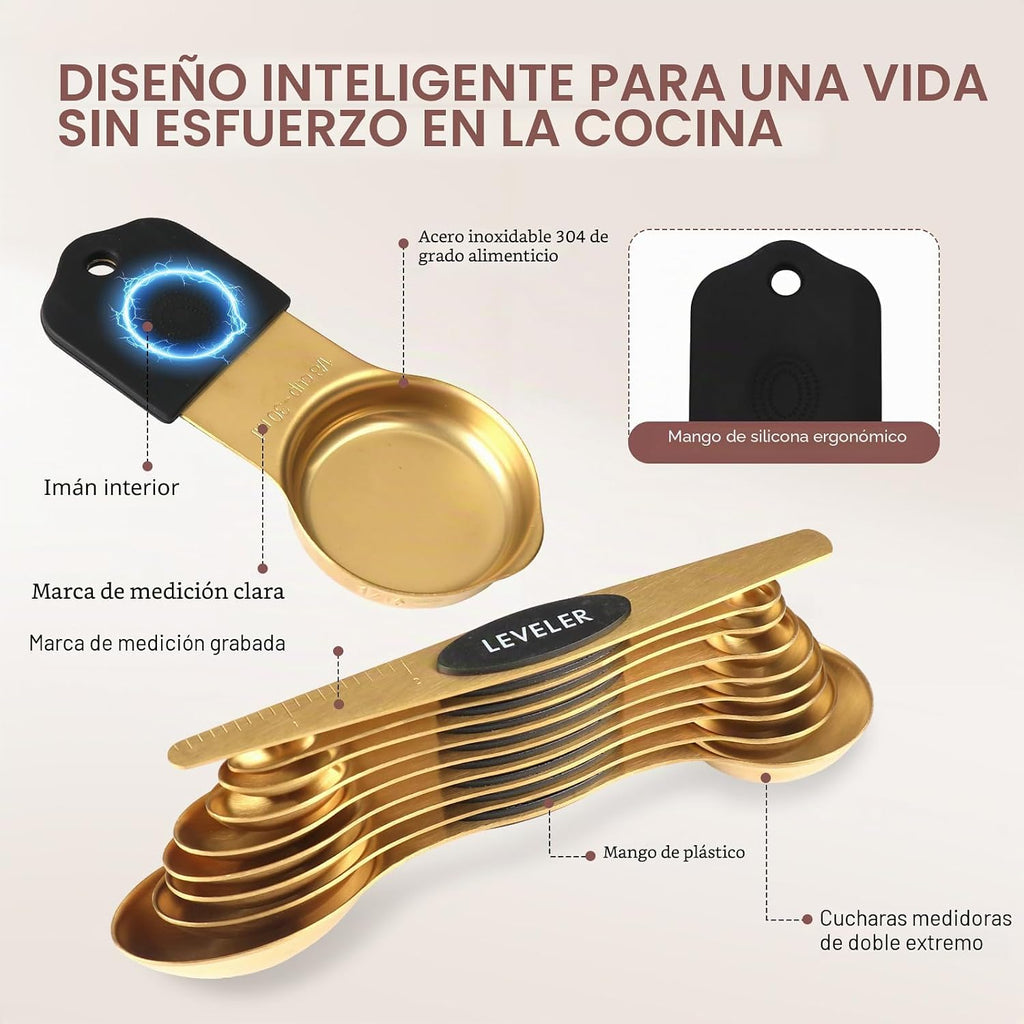 Juego de tazas y cucharas medidoras de acero inoxidable de 16 piezas, fuerte diseño de anidación magnética, 7 tazas, 8 cucharas con nivelador, marcas de medición dobles para ingredientes secos y