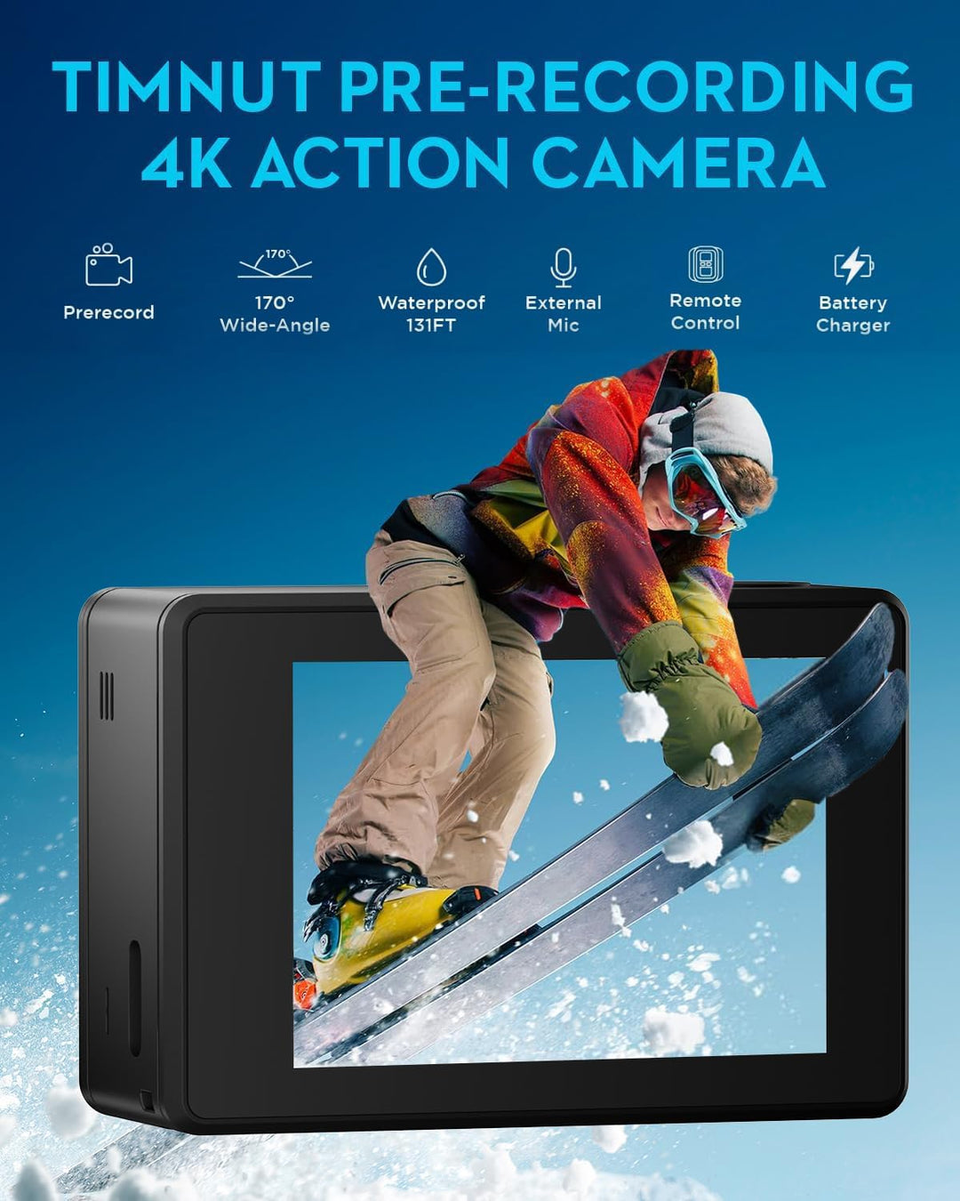 TIMNUT Cámara de acción 4K, cámara impermeable HD de 131 pies, cáma...