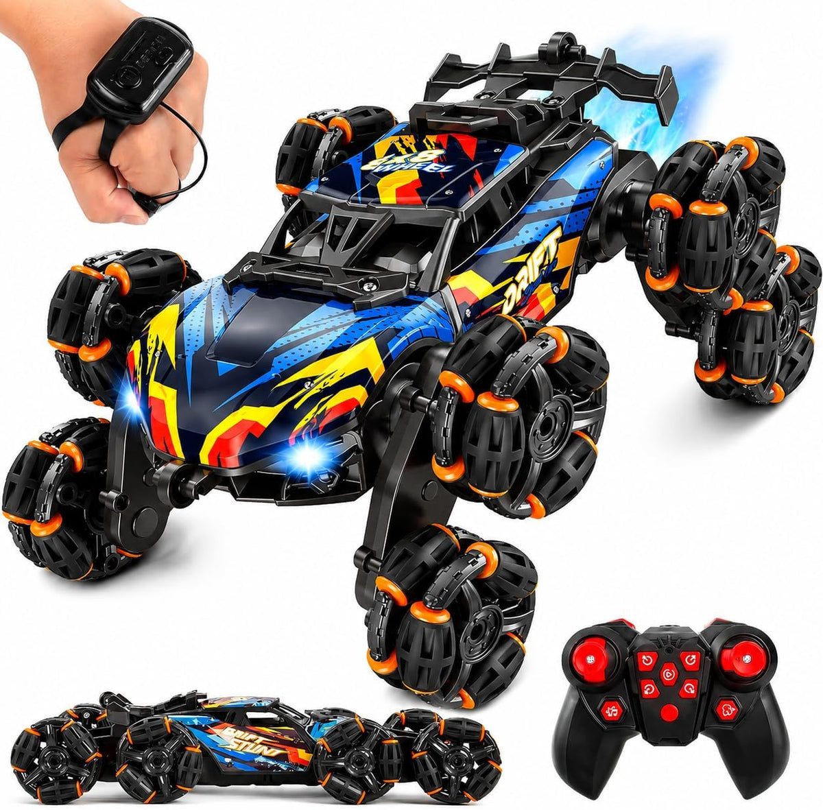 Coches de juguete RC de acrobacias con detección de gestos de 8 ruedas para niños de 8 a 12 años, coche de control remoto controlado a mano de 2.4GHz con luz, música y spray, genial regalo de