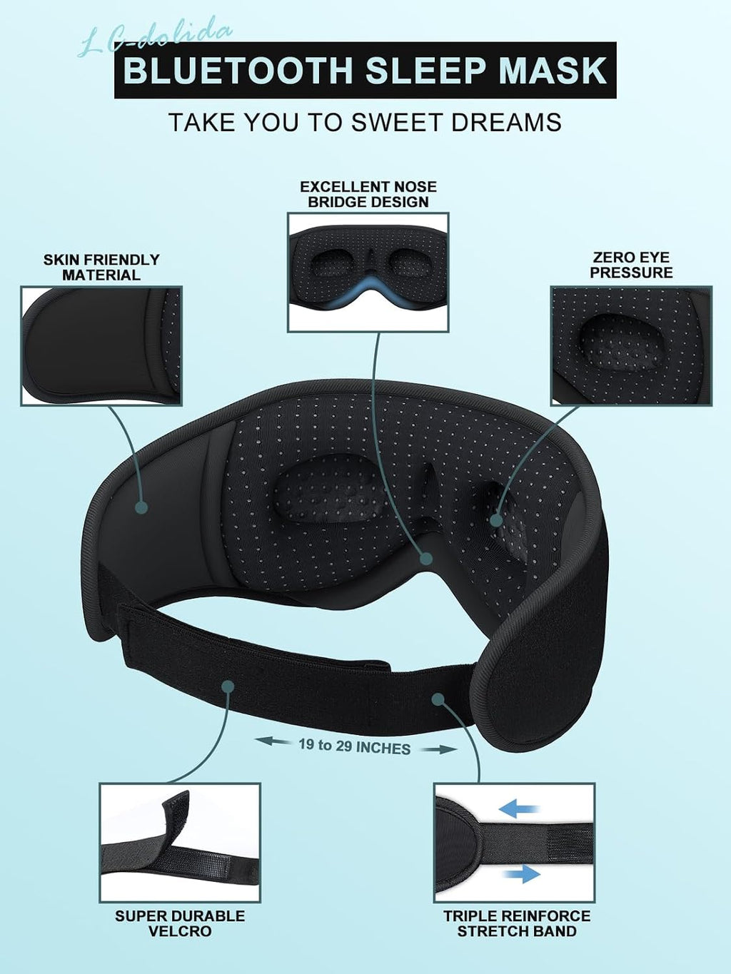 LC-dolida - Auriculares para dormir, Máscara de ojos 3D con Bluetooth, música inalámbrica, máscara para dormir con auriculares Bluetooth, altavoces estéreo ultrafinos perfectos para dormir; ideal para