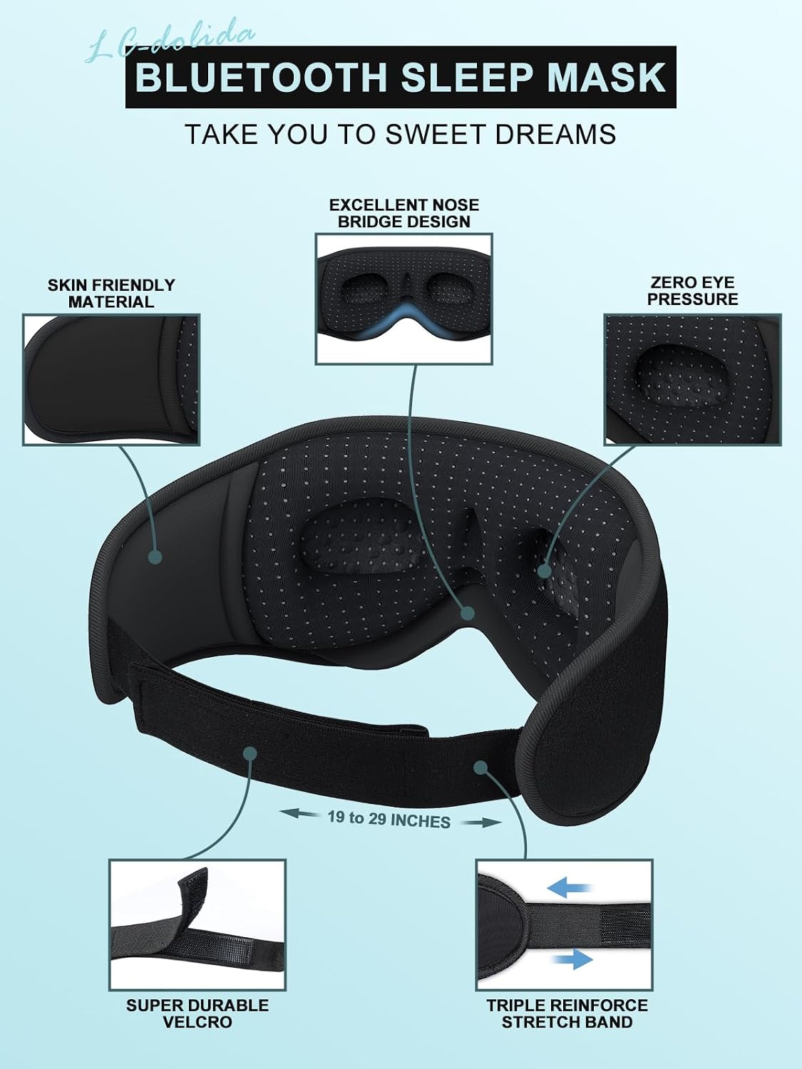 LC-dolida - Auriculares para dormir, Máscara de ojos 3D con Bluetooth, música inalámbrica, máscara para dormir con auriculares Bluetooth, altavoces estéreo ultrafinos perfectos para dormir; ideal para