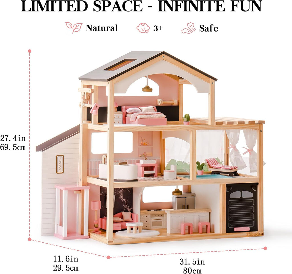 ROBUD Casa de Muñecas, Casa de Muñecas de Madera con 6 Habitaciones, Set de Muebles de 29 Piezas, Ascensor Funcional, Garaje, Piscina, Regalo Ideal para Niños de 3+ Años (Negro)