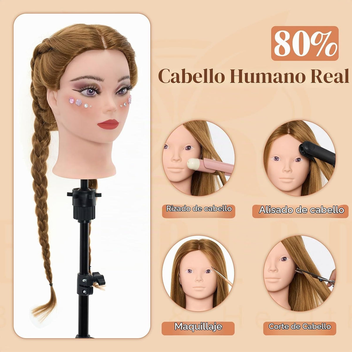 Cabeza de maniquí de 28 pulgadas, 80% cabello humano con soporte de trípode, cabezal de muñeca de práctica de maquillaje y peinado para trenzar, cortar, cabezal de maniquí con abrazadera de mesa + accesorios de peinado gratuitos